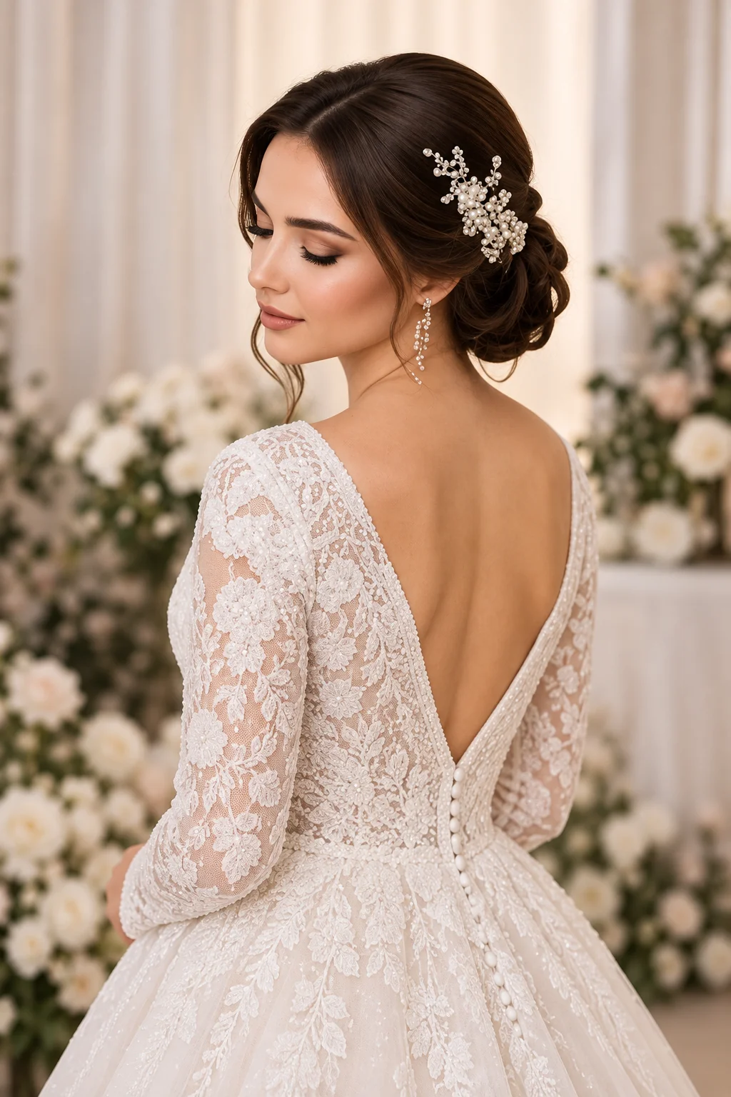 Bridal inspiration with a softly pinned hairstyle, floral hair accessory and lace dress