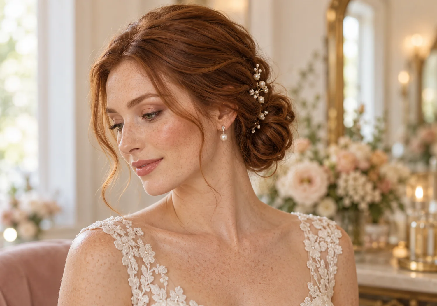 Auburn-haired bride with a low textured chignon and pearl hair pins