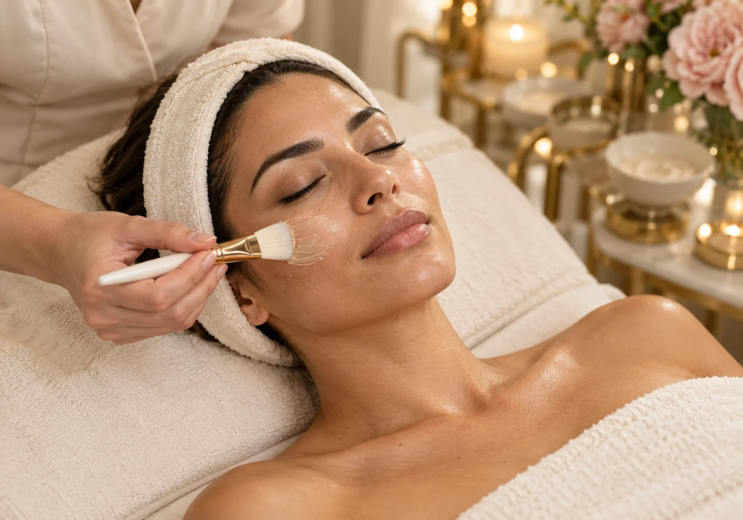 Woman receiving a gentle facial brush treatment on cream linens