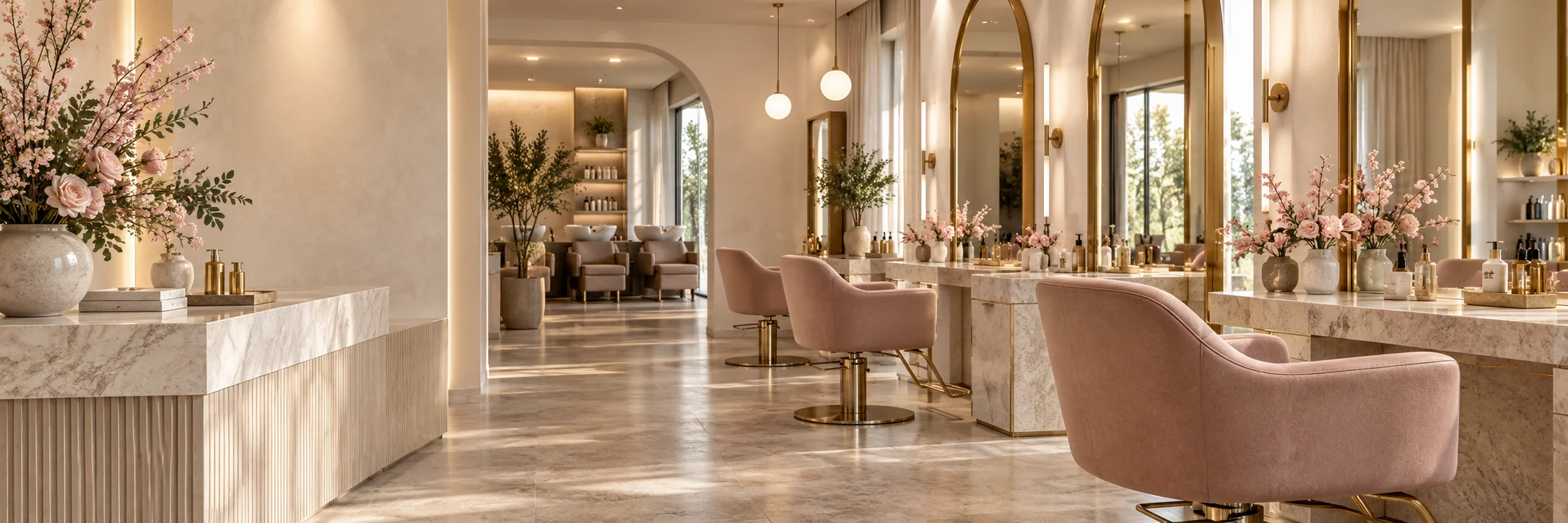 An inviting ivory salon with brass mirrors and blush styling chairs