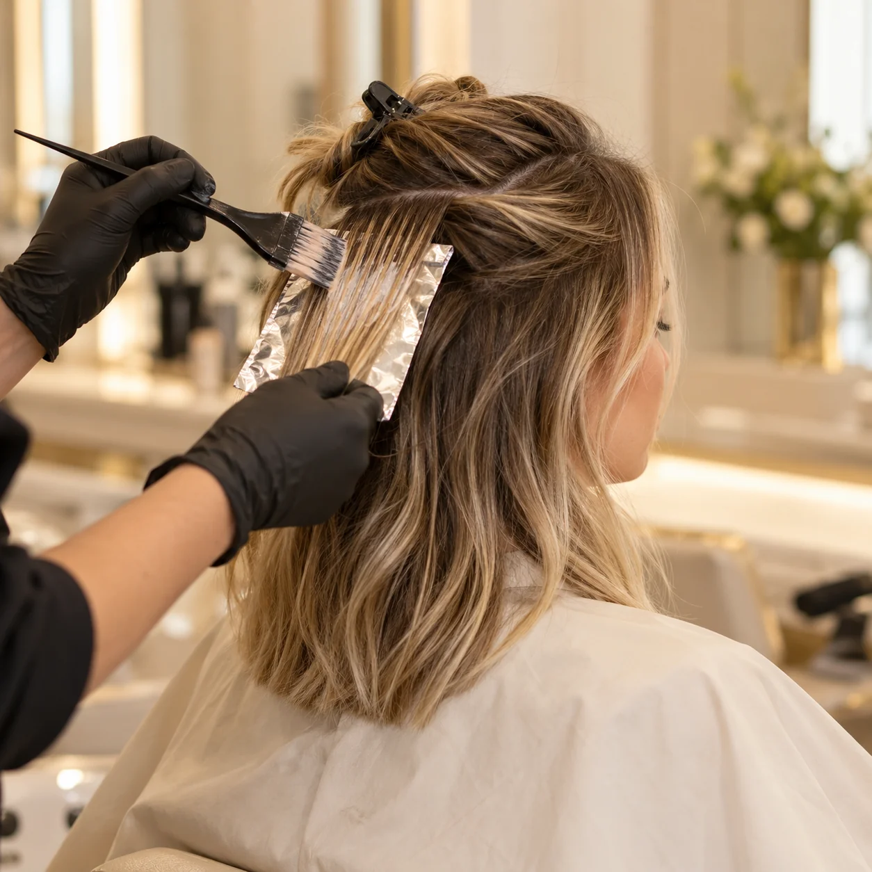 Colorist painting soft highlights onto a blonde client’s hair
