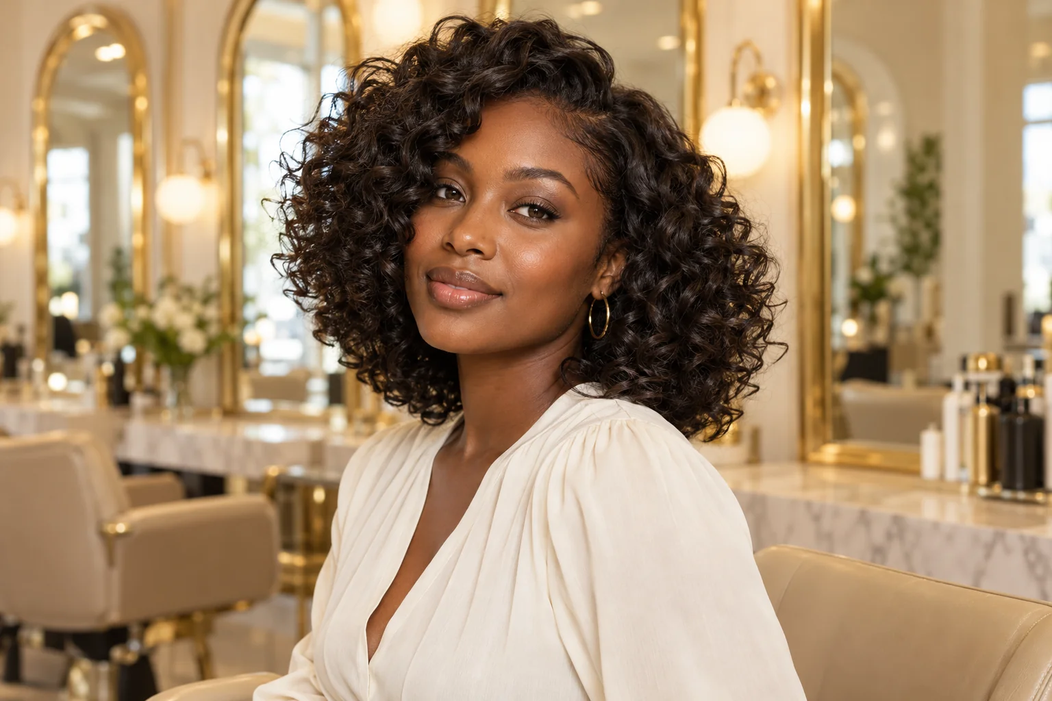Woman with glossy natural curls after a salon styling session