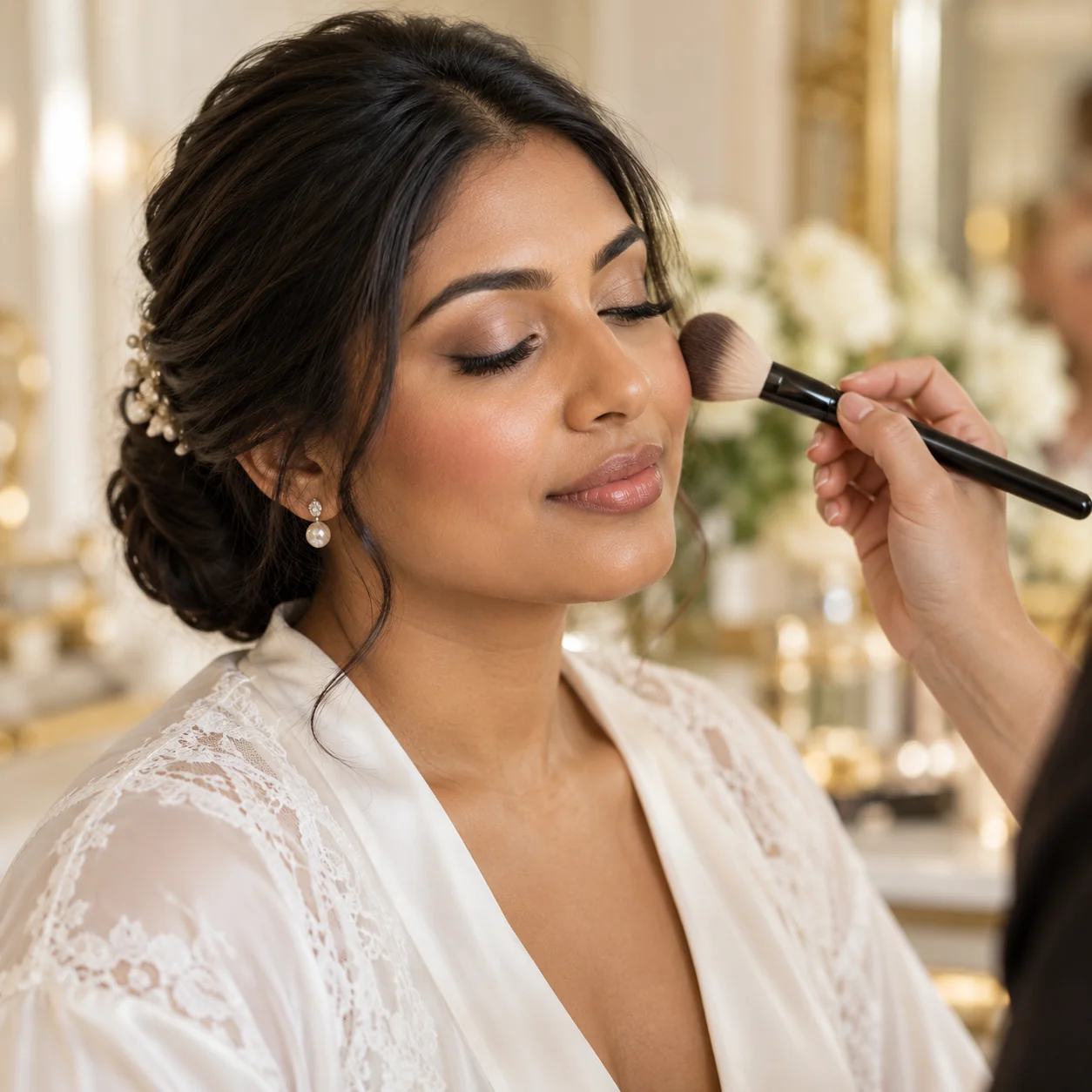 Bride with dark hair receiving finishing makeup with a soft cheek brush