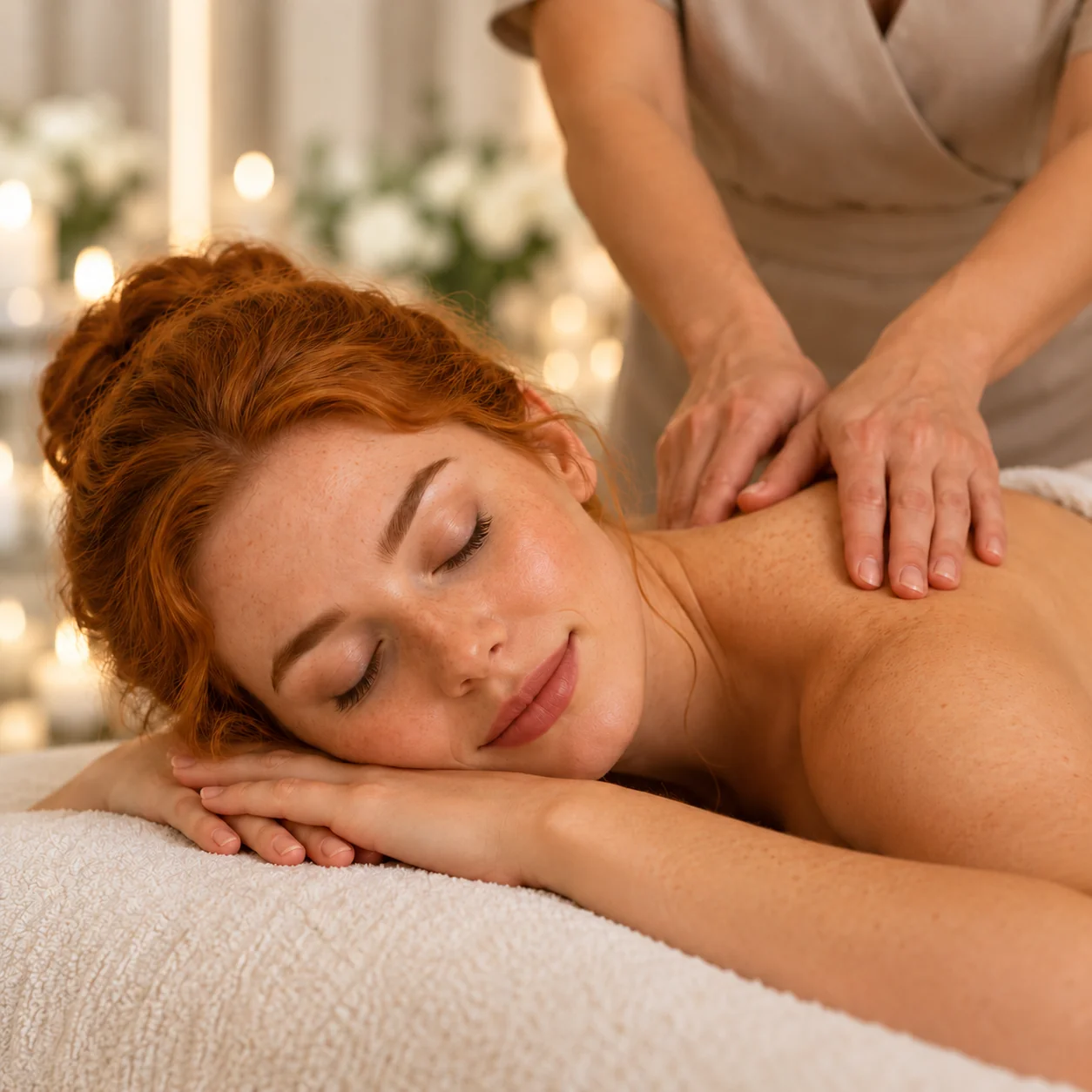 Redheaded woman resting on folded hands during a relaxing shoulder massage